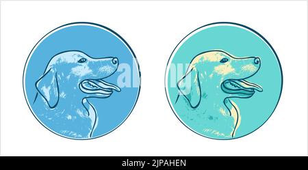 Logo ou icône de chien (Golden Retriever) tête entouré d'un cercle bleu et vert. Banque D'Images