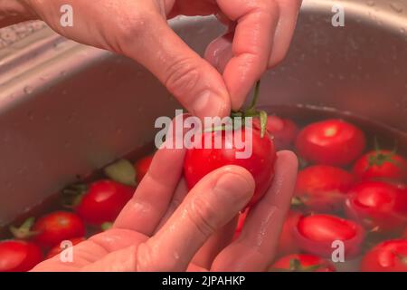 Les mains de la femme lavez les tomates et retirez les tiges des légumes. Banque D'Images