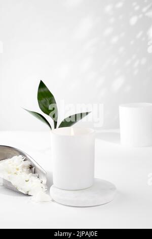 Bougie de cire de soja dans un pot en céramique blanche, et feuille verte, plante sur un fond blanc. Bougies de cire biologique écologique naturel. Concept tendance. Banque D'Images