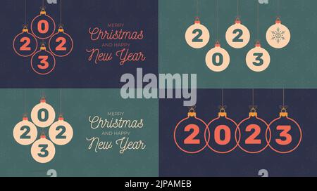 Ensemble de cartes rétro pour le nouvel an 2023 et le joyeux noël. cartes de vœux etro Bohemian illustration vectorielle avec 2023 boules de noël suspendues dans un dessin animé plat Illustration de Vecteur