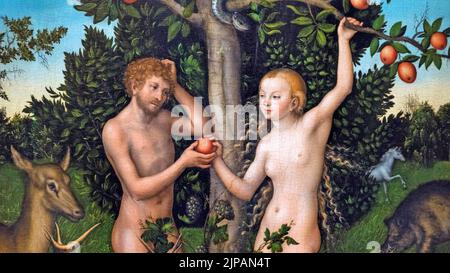 SECTION ADAM ET EVE de la peinture de 1526 par Lucas Cranach l'aîné Banque D'Images