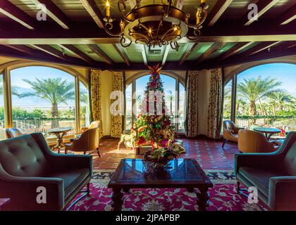 The INN at the Oasis Hotel, Furnace Creek, piscine et palmiers dans le parc national de Desert Death Valley, Californie, Amérique du Nord, Etats-Unis Banque D'Images