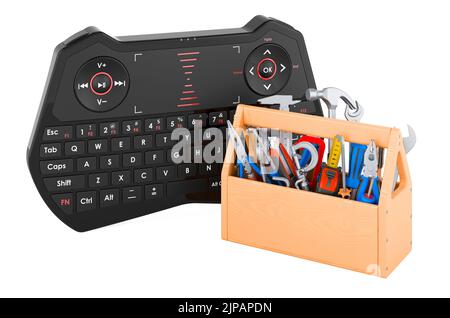 Clavier avec boîte à outils. Service et réparation du mini-clavier d'ordinateur, 3D rendu isolé sur fond blanc Banque D'Images