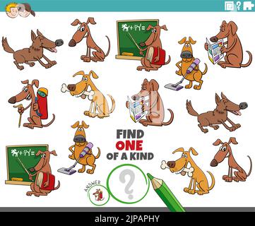 Illustration de dessin animé de trouver un d'un genre photo tâche éducative avec des chiens de bande dessinée personnages animaux Illustration de Vecteur