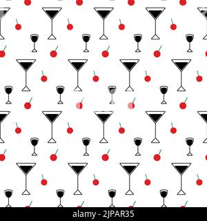 Motif abstrait sans couture à partir d'un ensemble noir et blanc d'icônes vectorielles sous forme de lunettes et de cerise rouge dans une teinte tendance sur un fond transparent. Idéal pour les cafés, les bars et les restaurants. Isoler. Style de vie. Illustration de Vecteur