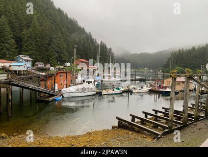 Elfin Cove, Alaska, États-Unis. 1st août 2022. La station balnéaire pittoresque et le village de pêcheurs d'Elfin Cove, dans la région du recensement de Hoonah-Angoon, sur l'île Chichagof, en Alaska, à 85 milles à l'ouest de Juneau, ont une population toute l'année de 24 personnes au recensement de 2020. Il est montré le soir de lundi 1 août 2022. La population augmente pendant la saison touristique d'été. (Image de crédit : © Mark Hertzberg/ZUMA Press Wire) Banque D'Images