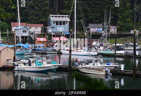 Elfin Cove, Alaska, États-Unis. 1st août 2022. La station balnéaire pittoresque et le village de pêcheurs d'Elfin Cove, dans la région du recensement de Hoonah-Angoon, sur l'île Chichagof, en Alaska, à 85 milles à l'ouest de Juneau, ont une population toute l'année de 24 personnes au recensement de 2020. Il est montré le soir de lundi 1 août 2022. La population augmente pendant la saison touristique d'été. (Image de crédit : © Mark Hertzberg/ZUMA Press Wire) Banque D'Images