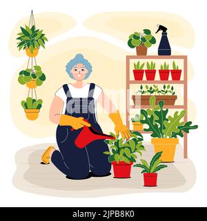 Caractère de jardinage à la maison. Un jardinier âgé souriant arrose des fleurs dans un pot. Bonne femme aux cheveux gris tenant un arrosoir. Illustration de style plat. Illustration de Vecteur