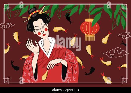 Affiche à dessin tempura de cuisine japonaise. Crevettes frites au plat national japonais dans la pâte. Bannière publicitaire du bar à sushis. Menu de restaurant de fruits de mer asiatiques ou décoration circulaire avec femme geisha. Vecteur Illustration de Vecteur