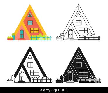 Maison avant plat dessin animé ou gravé, timbre d'encre ou de l'ensemble de doodle linéaire. Village façade moderne, petites maisons minuscules, bâtiments confortables. Maison résidentielle, villa appartement triangulaire toit de style cottage Illustration de Vecteur