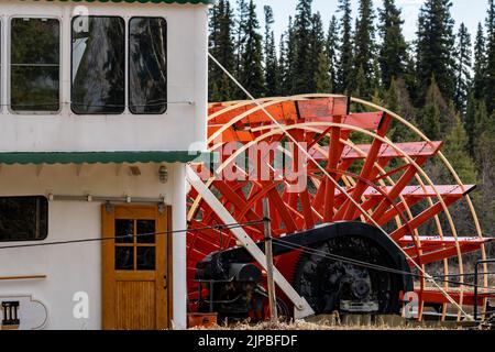 Les clients de Riverboat Discovery s'arrêtent pour une visite au village indien de Chena à Fairbanks, en Alaska Banque D'Images