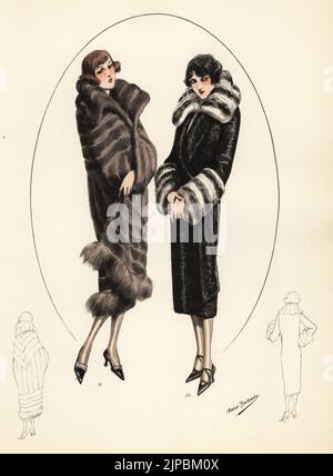 Femmes à la mode avec coupes courtes en bob et manteaux de fourrure de luxe. Cap imitation chinchilla, cap en chinchillette 19. Pelage de bébé-agneau avec col et poignets chinchilla, manteau de breitschwanz 20. Lithographie de couleur main de modèles originaux de Fourrures, modèles originaux en fourrure, n° 17, atelier Bachwitz, Vienne, 1926. Banque D'Images