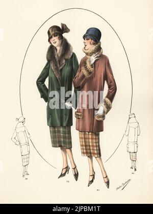 Femmes à la mode en bobs courts, chapeaux à clous de girofle et tenues de sport. Tenues de sport, costume de sport. Veste en cuir avec col renard, jupe à carreaux cheviot 33. Veste en cuir avec col et poignets en fourrure léopard, jupe à carreaux en velours 34. Lithographie de couleur main de modèles originaux de Fourrures, modèles originaux en fourrure, n° 17, atelier Bachwitz, Vienne, 1926. Banque D'Images