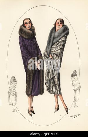 Femmes à la mode avec coupes courtes en bob et manteaux de fourrure de luxe. Manteau de soirée en mousseline de velours avec col de renard et face à 35. Manteau de soirée en chinchilla avec col de renard gris 36. Lithographie de couleur main de modèles originaux de Fourrures, modèles originaux en fourrure, n° 17, atelier Bachwitz, Vienne, 1926. Banque D'Images