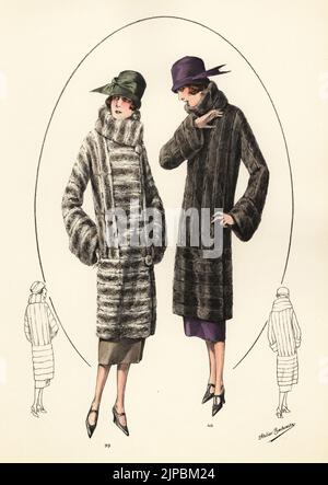 Femmes à la mode en coupes de cheveux courtes, chapeaux de cloche et manteaux de fourrure. Veste chinchilla avec bandes de fourrure horizontales et verticales, jaquette en chinchilla 39. Veste Moleskin, jaquette en taupe 40. Lithographie de couleur main de modèles originaux de Fourrures, modèles originaux en fourrure, n° 17, atelier Bachwitz, Vienne, 1926. Banque D'Images