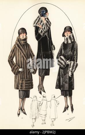 Femmes tendance en chapeau de cloche, coupes courtes de bob et manteaux de fourrure luxueux. Veste de marmotte de vison longueur genou 47, manteau de phoque musquash avec garniture de chinchilla 48, veste longue de bébé agneau avec garniture de chinchilla 49. Lithographie de couleur main de modèles originaux de Fourrures, modèles originaux en fourrure, n° 17, atelier Bachwitz, Vienne, 1926. Banque D'Images