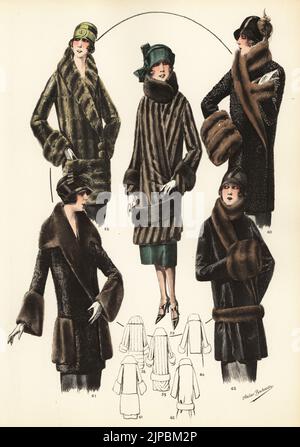Les femmes à la mode sont vêques, courtes coupes de bob et vestes de fourrure de luxe. Manteaux d'écureuil volant de longueur genou 58, chinhcilla 59, agneau perse 60, karakul 61 et poney 62. Lithographie de couleur main de modèles originaux de Fourrures, modèles originaux en fourrure, n° 17, atelier Bachwitz, Vienne, 1926. Banque D'Images