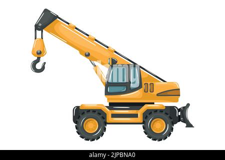 Machines lourdes avec grue télescopique jaune style dessin animé sur fond blanc. Illustration de Vecteur