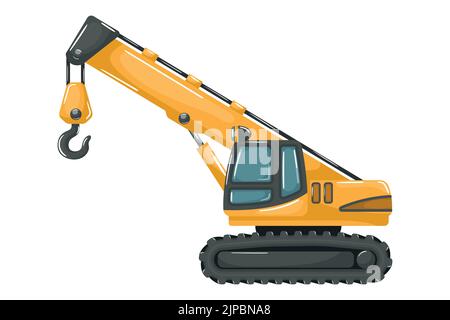 Machines lourdes jaunes avec grue télescopique pour le style de dessin animé de construction et d'exploitation minière Illustration de Vecteur
