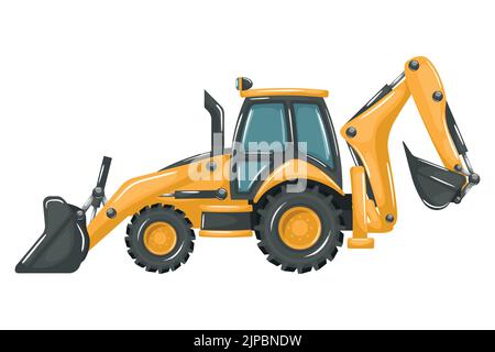 machines lourdes avec pelle rétro jaune de style dessin animé pour les travaux de construction et d'exploitation minière Illustration de Vecteur