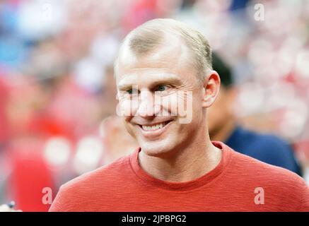 St. Louis, États-Unis. 17th août 2022. David Eckstein, ancien arrêt des Cardinals de St. Louis, marche sur le terrain avant les Rocheuses du Colorado Match de baseball des Cardinals Louis au stade Busch de Saint Louis, mardi, 16 août 2022. Photo par Bill Greenblatt/UPI crédit: UPI/Alay Live News Banque D'Images