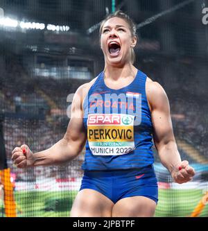 Munich, Allemagne. 16th août 2022. Championnats d'Europe, Championnat d'Europe, Athlétisme, Discus Plaid, femmes, Finale au stade olympique. Sandra Perkovic (Croatie) en action. Perkovic a gagné l'or. Credit: Sven Hoppe/dpa/Alay Live News Banque D'Images