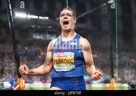 Munich, Allemagne. 16th août 2022. Championnats d'Europe, Championnat d'Europe, Athlétisme, Discus Plaid, femmes, Finale au stade olympique. Sandra Perkovic (Croatie) en action. Perkovic a gagné l'or. Credit: Sven Hoppe/dpa/Alay Live News Banque D'Images