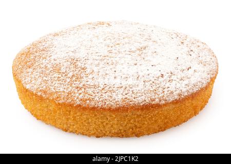 Gâteau éponge au citron entier avec garniture de sucre glace isolée sur blanc. Banque D'Images