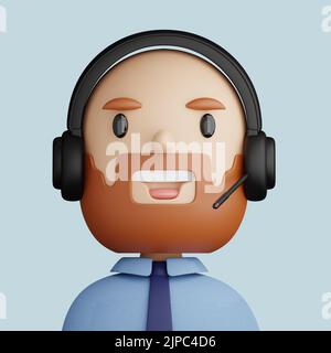 3D illustration de l'homme souriant.. Dessin animé portrait en gros plan d'un homme souriant avec casque et microphone sur fond bleu. 3D Avatar pour ui Banque D'Images