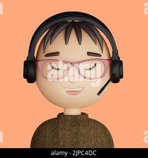 3D illustration de l'homme asiatique.. Dessin animé portrait en gros plan d'un homme asiatique souriant avec casque et microphone sur fond bleu. 3D Avatar pour ui Banque D'Images