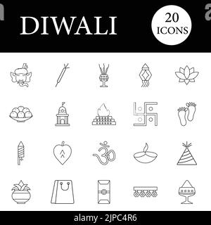 Diwali -20 Icons Line Art Set isolé sur fond blanc. Illustration de Vecteur