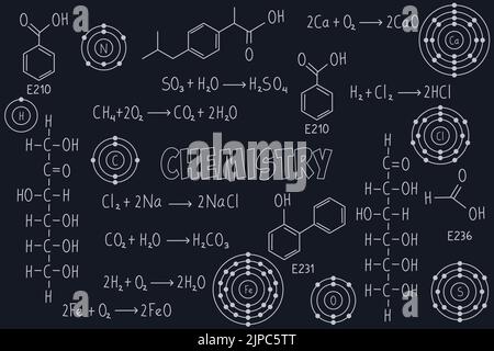 Notes d'exercice, formules et équations chimiques, chimie organique, réactions chimiques, formule structurale, atomes d'éléments chimiques, avec ch noir Illustration de Vecteur