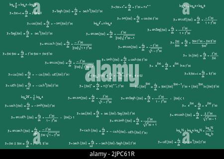 Équations et formules de logarithmes, dérivés, trigonométriques, logarithmiques, hyperboliques et inverses sur fond de tableau noir vert Illustration de Vecteur