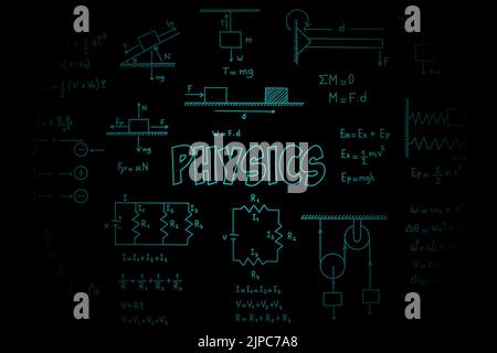 Arrière-plan futuriste des formules et équations physiques, mouvement rectiligne uniforme, statique, électromagnétisme, force de frottement, énergie, vélocii angulaire Illustration de Vecteur