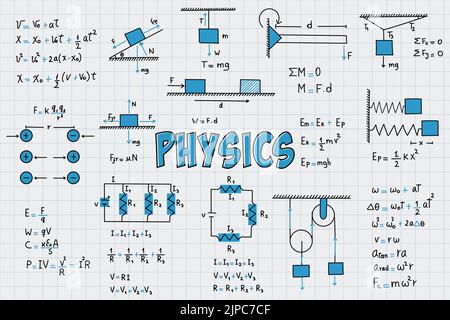 Notes sur les exercices, les formules et les équations de la physique, le mouvement rectiligne uniforme, la statique, l'électromagnétisme, les circuits électriques, force de friction, e Illustration de Vecteur