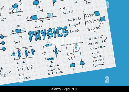 Notes sur les exercices, les formules et les équations de physique, le mouvement rectiligne uniforme, la statique, l'électromagnétisme, les circuits électriques, force de frottement, énergie Illustration de Vecteur