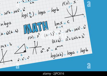 Exercices mathématiques, formules et équations pour le calcul, algèbre avec grille et fond bleu Illustration de Vecteur