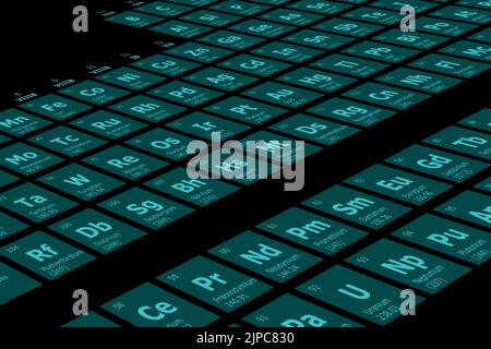 Perspective futuriste arrière-plan de la table périodique des éléments chimiques avec leur numéro atomique, leur poids atomique, leur nom d'élément et leur symbole sur un bla Illustration de Vecteur