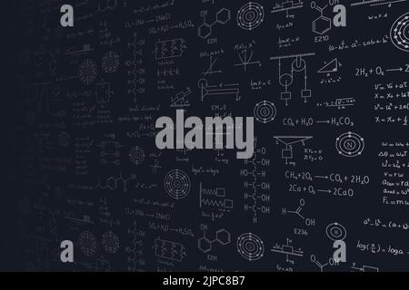 Équations de calcul en perspective, algèbre, chimie organique, réactions chimiques, éléments chimiques, physique, mouvement rectiligne, statique, électromagnétique Illustration de Vecteur
