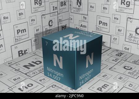 3D présentation des éléments du tableau périodique, azote, formation, sciences, technologie et ingénierie. 3D illustration Banque D'Images