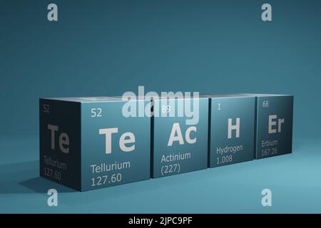 3D rendu des cubes des éléments de la table périodique, tellure, actinium, hydrogène et erbium formant le mot professeur. Science, technologie et e Banque D'Images