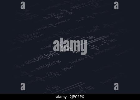 Équations et formules logarithmiques, dérivées, trigonométriques, logarithmiques, hyperboliques et inverses sur fond noir en perspective Illustration de Vecteur