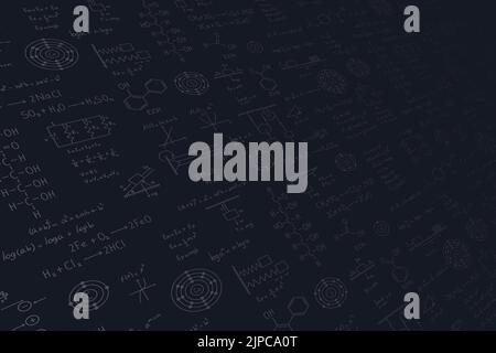 Équations de calcul, algèbre, chimie organique, réactions chimiques, éléments chimiques, physique, mouvement rectiligne, électromagnétisme, énergie sur un bac Illustration de Vecteur