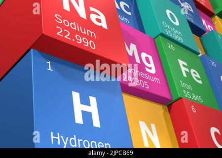 3D rendu des cubes des éléments du tableau périodique, sodium, hydrogène, oxygène et azote. Sciences, technologie et ingénierie. 3D illustrati Banque D'Images