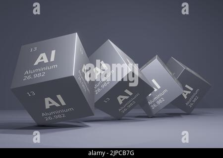 3D rendu de l'aluminium, élément chimique du tableau périodique. Formation, sciences et technologie. 3D illustration Banque D'Images