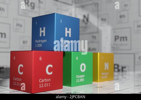 3D rendu des cubes des éléments de la table périodique, carbone, hydrogène, oxygène et azote. Sciences, technologie et ingénierie. 3D illustrati Banque D'Images