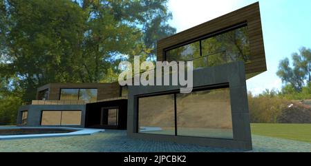 Maison de campagne futuriste. Finition du béton et du panneau de façade. Terrasse clôturée avec du verre le long de tout le bâtiment. 3d rendu. Banque D'Images