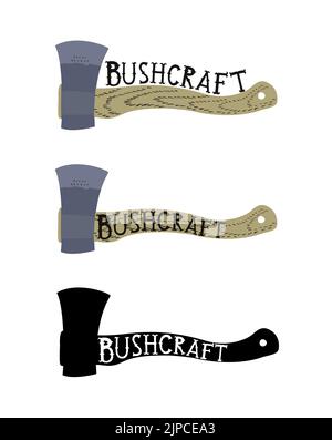 Logo isolé de hache avec manche en bois de style plat avec des lettres bushcraft dessus. Trois options Illustration de Vecteur