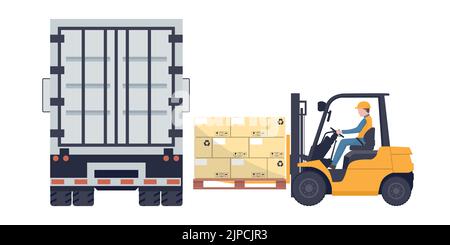 Employé conduisant un chariot élévateur à fourche chargeant une palette avec des boîtes empilées sur un camion-réfrigérateur. Stockage industriel et distribution de produits Illustration de Vecteur