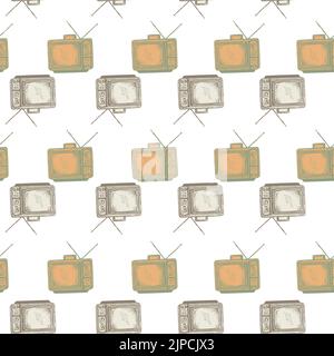 Téléviseur rétro avec antenne gravée sans couture. Téléviseur vintage de style dessiné à la main. Texture d'esquisse pour tissu, papier peint, textile, imprimé, titre, Illustration de Vecteur